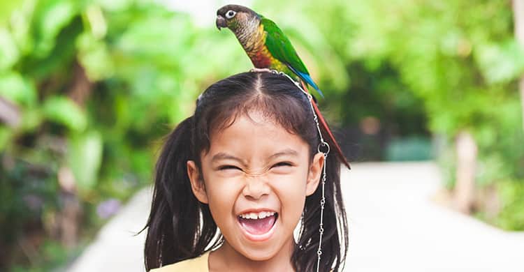 A young girl smiles while a bird sits on her head
